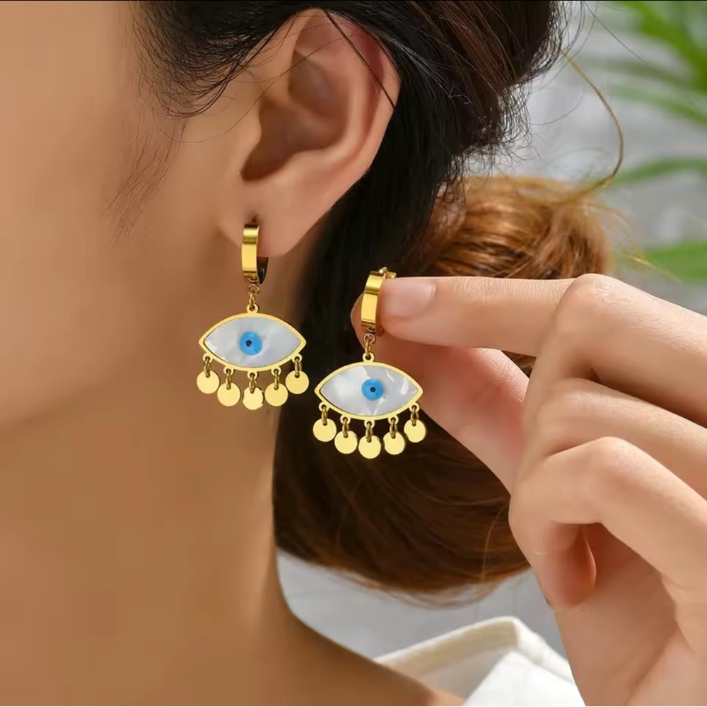 Gold and Blue Evil Eye Dangle Earrings